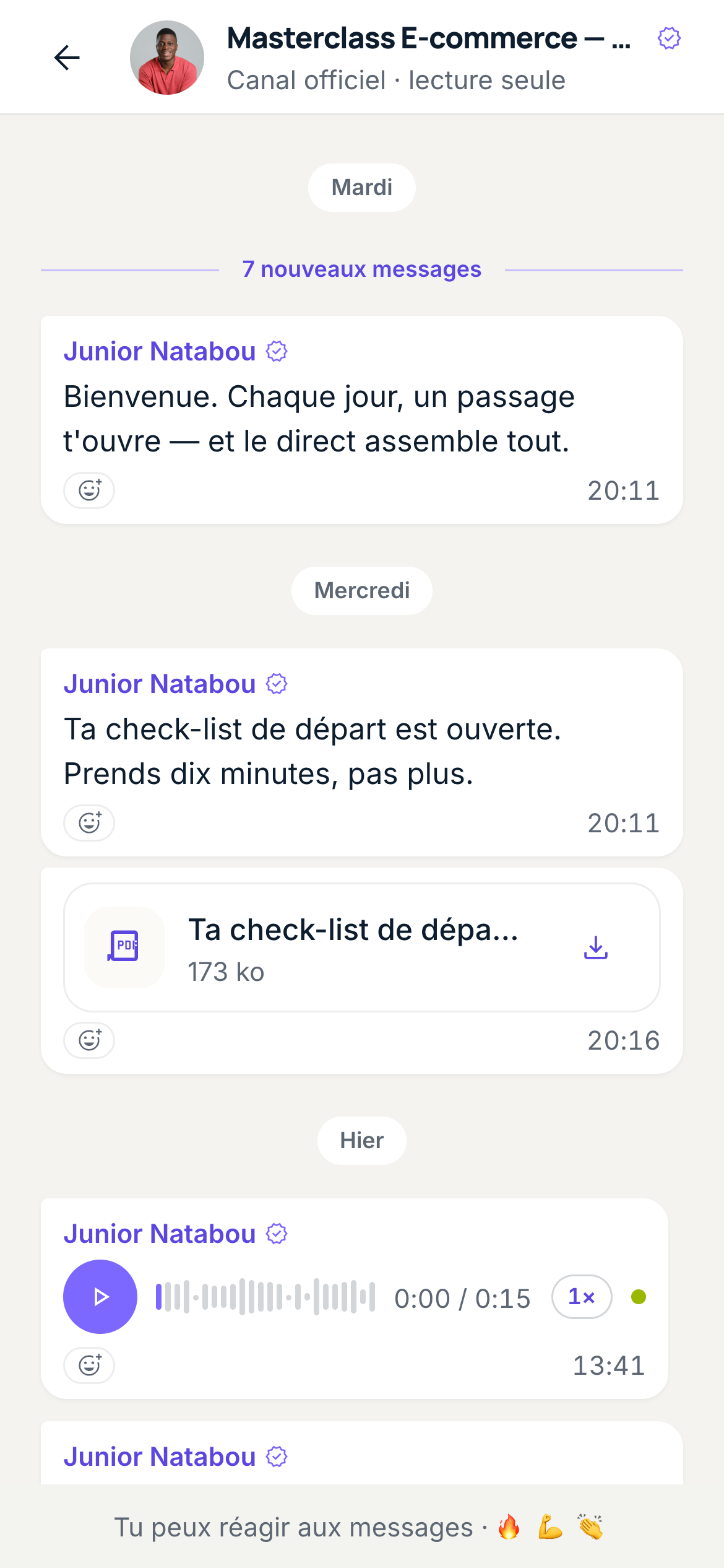 Le fil du canal : messages, vocal, document