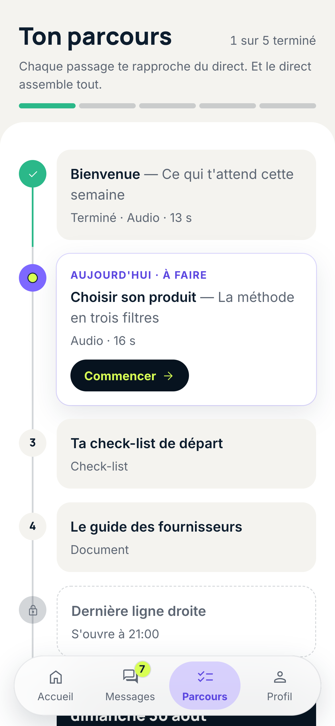 Le parcours : la timeline des passages jusqu'au direct
