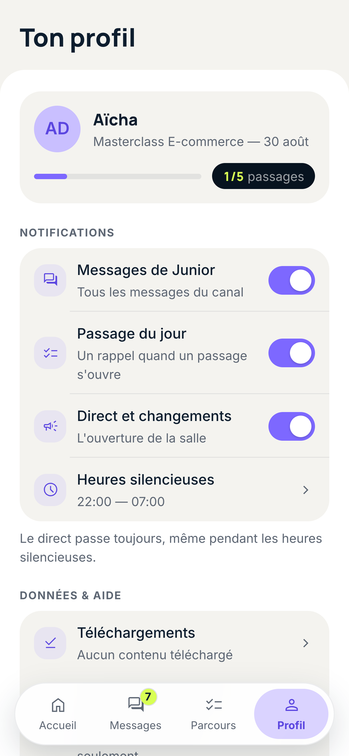 Le profil : notifications, téléchargements, confidentialité